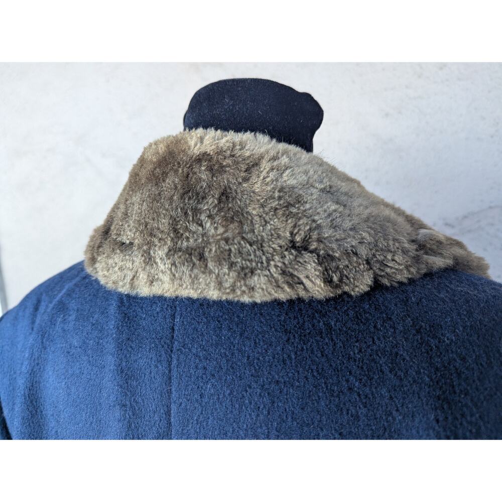 💜Perry Ellis 1980s Navy Wool Maxi Coat Faux Fur Collar - Picture 7 of 15